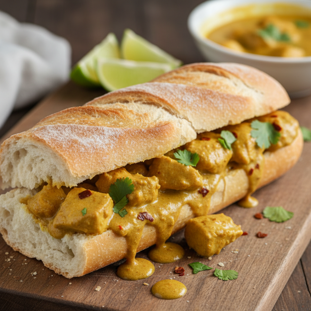 Un sandwich baguette garni de morceaux de poulet au curry et de coriandre fraîche sur une planche en bois.
