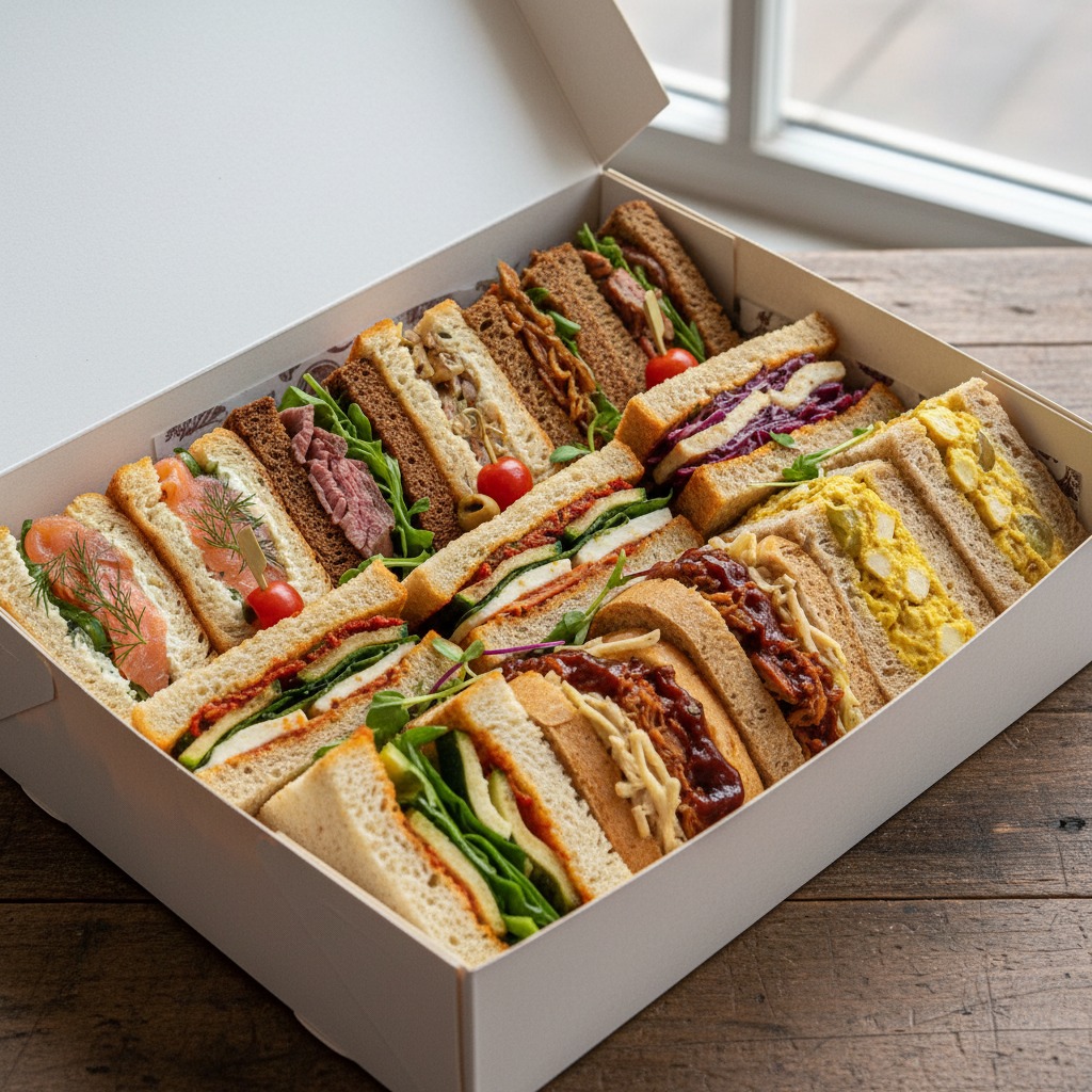 Une boîte ouverte remplie d'un assortiment de sandwichs variés disposés sur une table en bois.