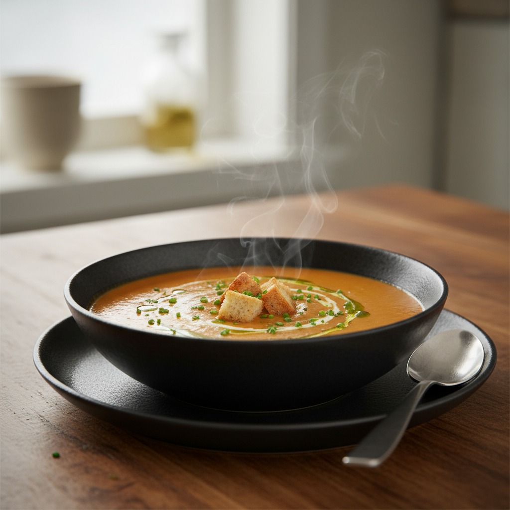 Un bol de soupe fumante garni de croûtons et d'herbes est posé sur une table en bois.